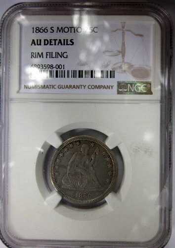 1866-S モットー 自由の女神像 25セント クォーター サンフランシスコ造幣局 NGC-AU DE SCUFF REV 3｜WORLD RESOURCE【QUEEN店】