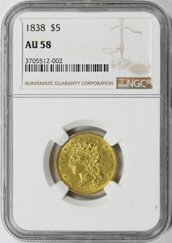 1838年 5ドル クラシックヘッド ゴールド ハーフイーグル NGC AU58｜WORLD RESOURCE【QUEEN店】