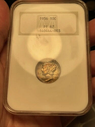 レインボートーン 1936-P PR67 NGC マーキュリーダイム オールドファッティホルダー｜WORLD RESOURCE【QUEEN店】