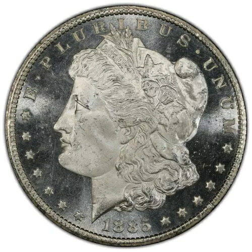 1885-CC 1ドル モルガン・ダラー PCGS MS65 DMPL 白黒フロスティカメオ ディープミラー