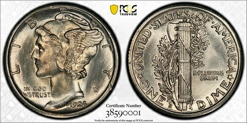 1924-S マーキュリー ダイム PCGS MS64 FB 非常に良好な状態!市場で唯一のFB!|WORLD RESOURCE【QUEEN店】