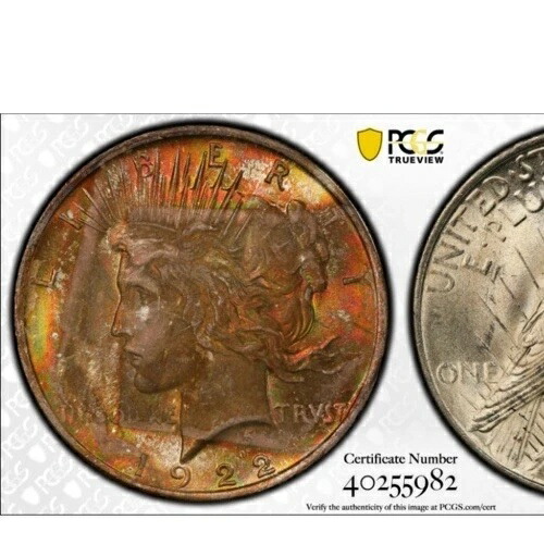 1922年 1ドル ピースダラー - PCGS MS64 - トナー 驚くほど鮮やかなトナー！ ファイアオレンジスパーク