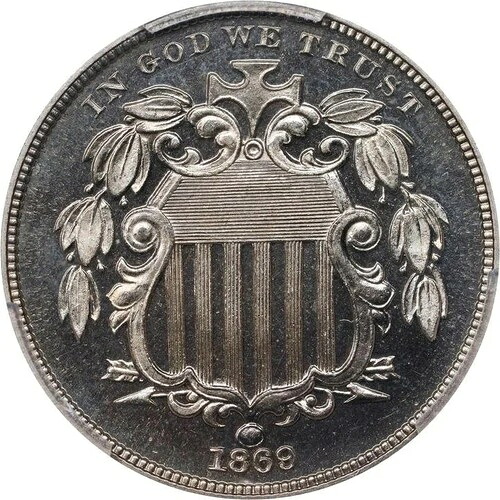 1869年シールドニッケル。JD-1。希少度2+。プルーフ67（PCGS）。