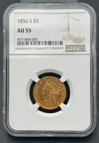 1856年 S $5 リバティハーフイーグルゴールドコイン NGC AU 55 低鋳造キー日付コイン-