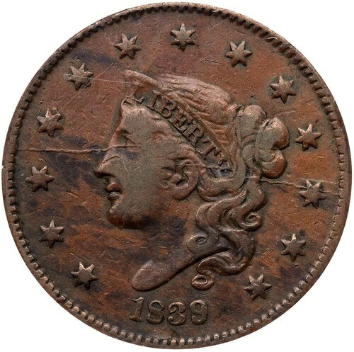 1839/6 N-1 R-3 PCGS VF 25 マトロンまたはコロネットヘッド ラージセントコイン 1セント