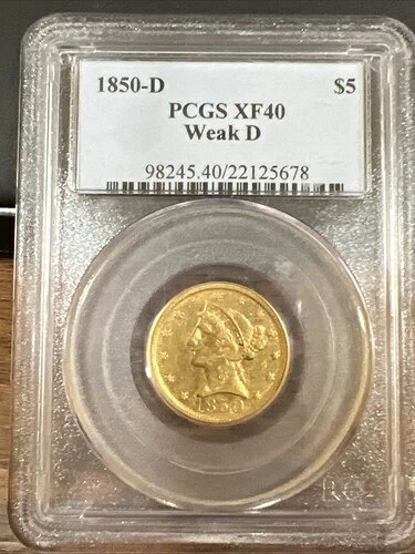 1850-D リバティヘッド 5ドル金貨 ハーフイーグル PCGS XF40 ? ウィークD ミントマーク ? 希少なダール|WORLD RESOURCE【QUEEN店】