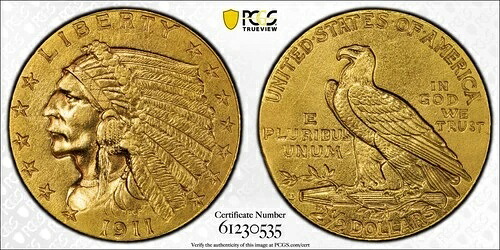 1911-D $2.50 インディアンヘッド ゴールド クォーターイーグル - PCGS UNC 詳細 強力 D