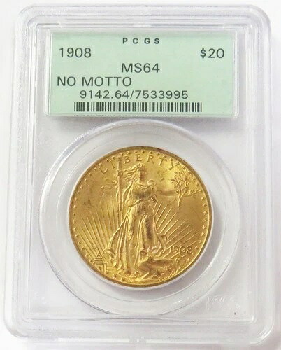 1908年 モットーなし 金貨 US $20 セントゴーデンズコイン PCGS ミントステート 64 グリーンラベル