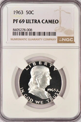 1963 フランクリン 1/2 ドル プルーフ NGC PF 69 ウルトラカメオ PR69DCAM トップポップコイン 50C-