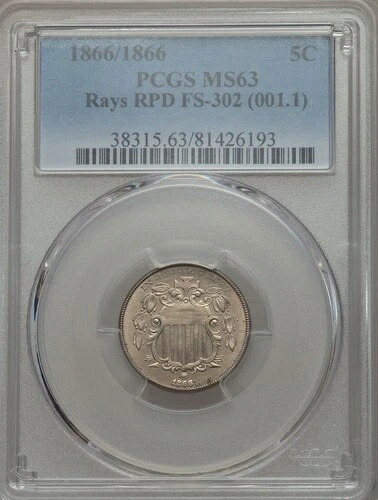 1866年/1866年 シールドニッケル PCGS MS63 RPD FS302 オーバーデートコイン - 送料無料