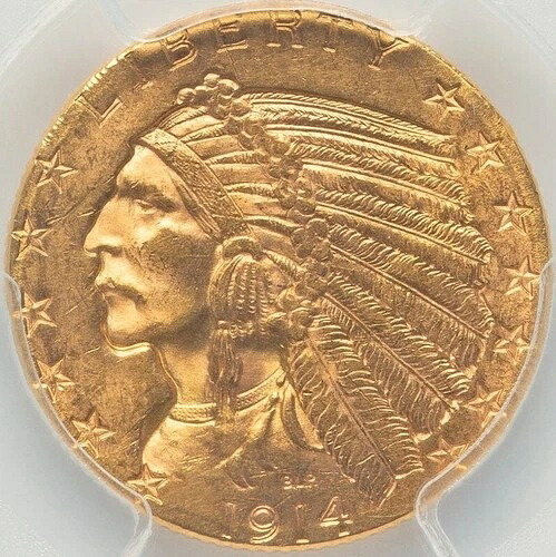 インディアンヘッド金貨5ドル 1914-D、PCGS MS-63 CAC！発行枚数247,000枚。光沢あり！｜WORLD RESOURCE【QUEEN店】 751,520円