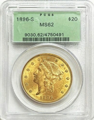 1896年 S ゴールド US $20 リバティヘッド ダブルイーグルコイン PCGS ミントステート 62 グリーンラベル｜WORLD RESOURCE【QUEEN店】 755,480円