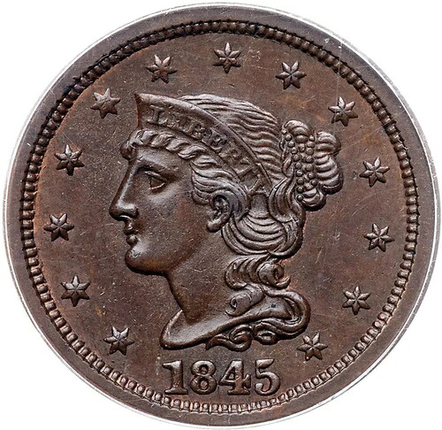 1845 N-7 R-5- PCGS MS 64 BN CAC 編み込みヘア ラージセントコイン 1セント|WORLD RESOURCE【QUEEN店】