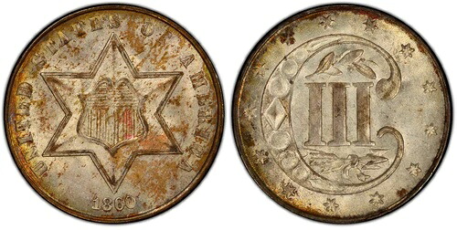 1860 3cS PCGS MS 66 ~ ローポップ 3セント シルバートリム｜WORLD RESOURCE【QUEEN店】