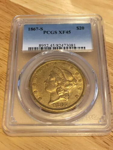 1867-S $20 PCGS XF45 リバティダブルイーグル金貨（目視確認済み、非常に良好）