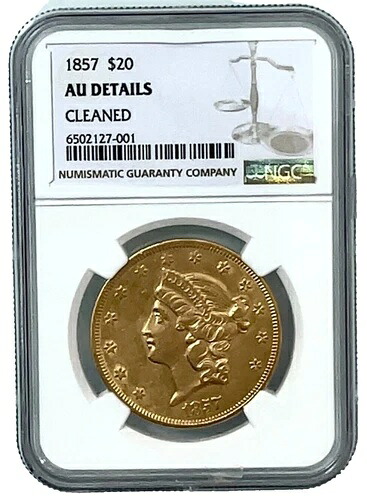 1857年 P ゴールド $20 リバティヘッド ダブルイーグル フィラデルフィア造幣局 NGC AU 詳細