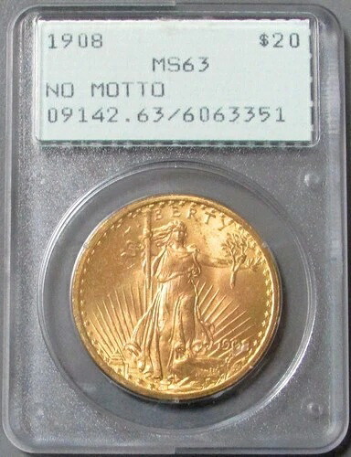 1908年 20ドル金貨 モットーなし セント・ゴーデンズ 第1世代 ラトラー PCGS ミントステート 63 PQ