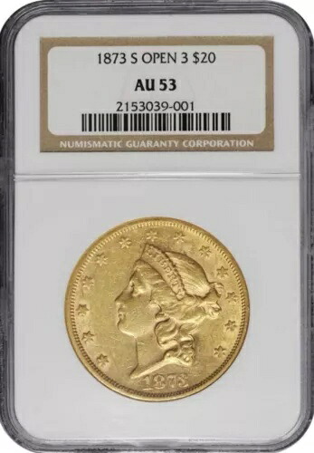 1873-S オープン3 $20 ゴールド リバティヘッド ダブルイーグル NGC AU 53