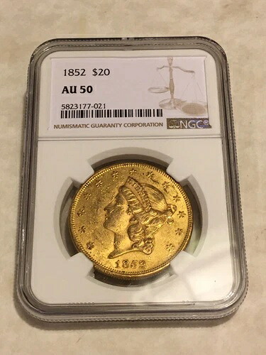 1852年 AU50 NGC リバティ ダブルイーグル 20ドル金貨 目視良好 良好な状態（PCGSなし）