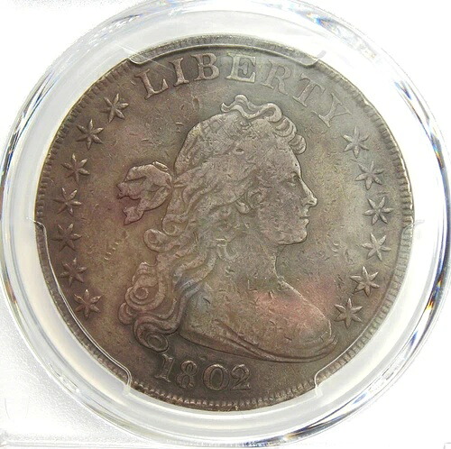 1802/1 ドレープ バスト シルバー ダラー 1 ドル コイン - PCGS VF 詳細認定 - 希少!