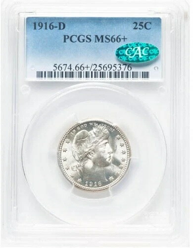 1916-D、25 セント バーバー クォーター - PCGS グレード MS66+ CAC - 明るい白!