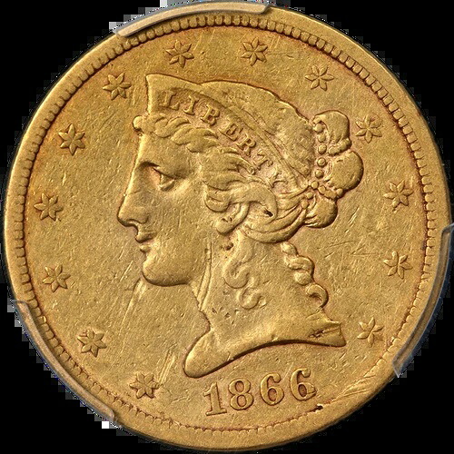1866-S リバティゴールド $5 PCGS VF 詳細 主要日付 良好な打刻 良好な色 426,800円
