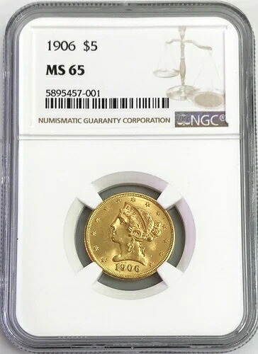 1906年 ゴールド USA $5 リバティヘッド ハーフイーグルコイン NGC ミント ステート 65