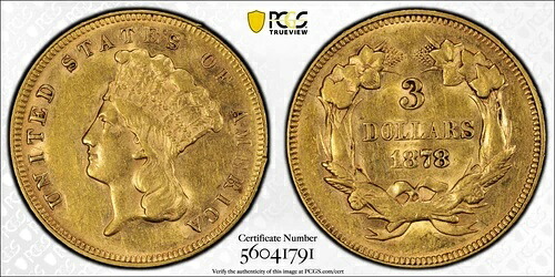1878年 3ドル金貨 インディアン・プリンセス・ヘッド PCGS AU-58 CAC