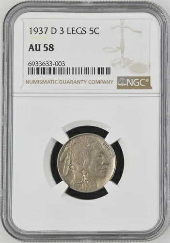 1937年 Dニッケル インディアンヘッドまたはバッファロー 3本足 NGC AU-58