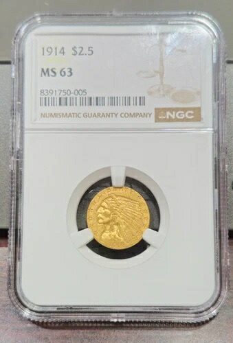 1914年 2.50ドル 金貨インディアン - MS63 - NGC - 発行枚数少