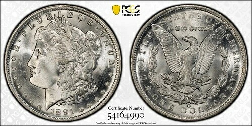 1891-O モルガン銀貨、MS65、PCGSゴールドシールド（10579）