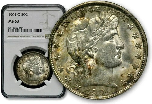 1901年-O 50C 理髪店 1/2 ドル-NGC MS 63-レアグレード cc800-