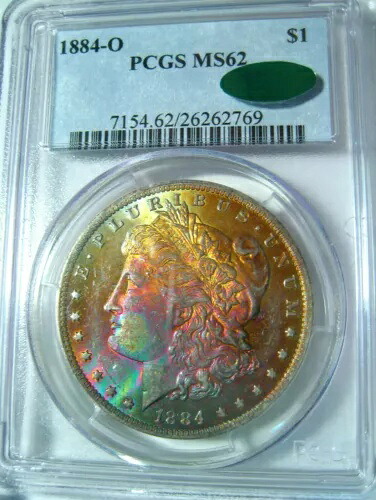 1884年-O レインボー モーガンシルバー ドルコイン ~ PCGS CAC MS62 ~ カラフル 2 サイド トーニング *-