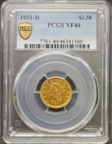 1851-D $2.5 リバティヘッド ゴールド クォーター イーグル、PCGS XF 40、クラシック クォーター!