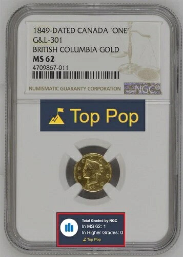 トップポップ！1849年 1ドル ブリティッシュコロンビア - カリフォルニアゴールド / NGC MS62 G&L 301 / 1-KNOWN