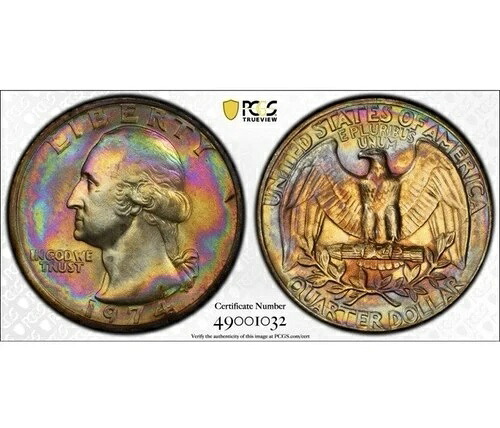 光沢のあるサイケデリック レインボー PCGS MS65 1974 年ワシントン クォーターの美しさ!!