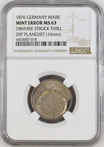 ユニーク 1876年 ドイツ 1マルク 表面 20ペニヒ板金で凹み NGC MS 63