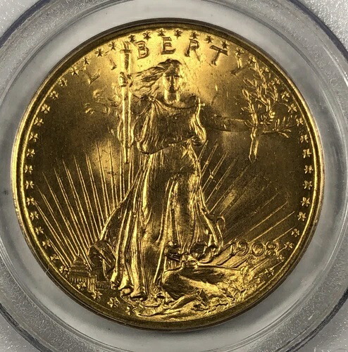 1908年 $20 セントゴーデンズ ゴールド。 PCGS MS 64+。 標語なし-