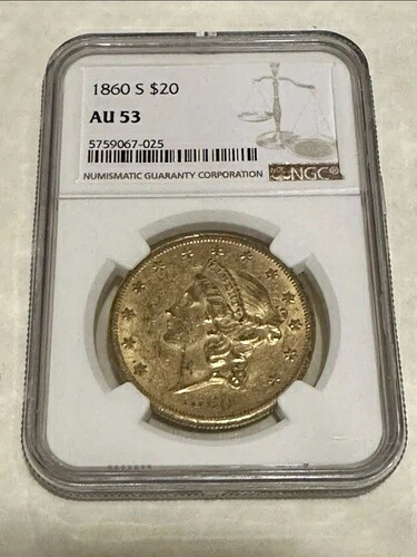 1860-S AU53 NGC リバティ ダブルイーグル 20 ドル金貨 鮮明な詳細 (PCGS なし)