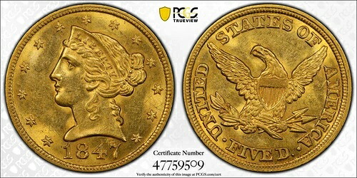 1847年 5ドル金貨 リバティ・ハーフイーグル PCGS MS 62 MPD FS-302 (004) - トップポップ 2/0