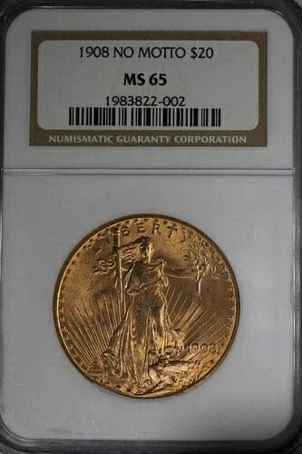 1908 20.00 NGC MS65 モットーなし、20ドル金貨、セント・ゴーデンズ