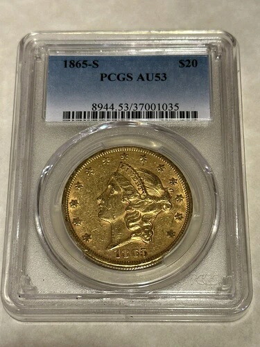 1865-S $20 PCGS AU53 リバティダブルイーグル金貨、非常に良好な外観と詳細
