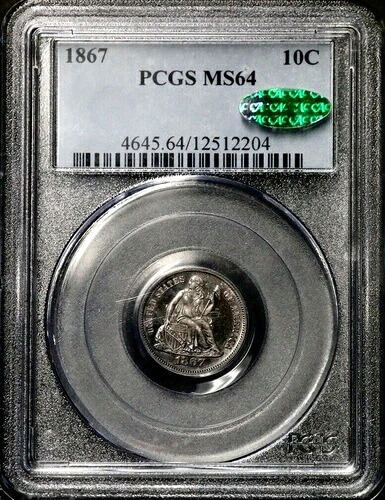 1867年-P 10C 自由の女神座像ダイム-PCGS MS64 CAC 希少な低新品同様 6K カラートーニングRC252-