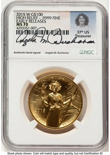 2015-W G$100 アメリカン・リバティ・ハイレリーフ ER アンジェラ・ブキャナン NGC MS70