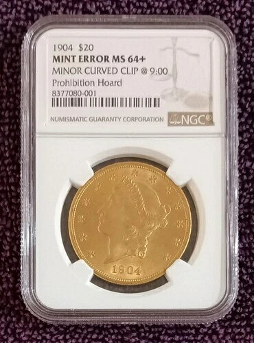 1904年 リバティ 20ドル金貨 ダブルイーグル、ミントクリップ、NGC MS-64+、ニアジェム Unc
