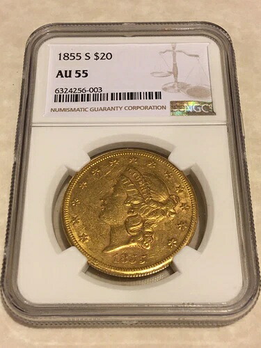 1855-S AU55 NGC リバティ ダブルイーグル 20 ドル金貨 目視確認済み 非常に良好 (PCGS なし)