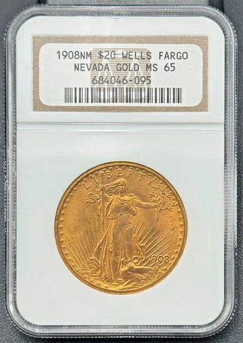 1908年 P $20 セント・ゴーデンズ ダブルイーグル モットーなし NGC MS 65、ウェルズ・ファーゴ ゴールド・ホード
