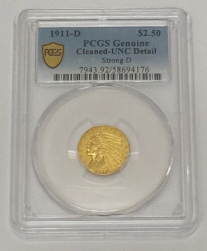 1911-D ゴールド インディアン $2.50 クォーターイーグル PCGS 正規詳細 UNC - クリーニング済み