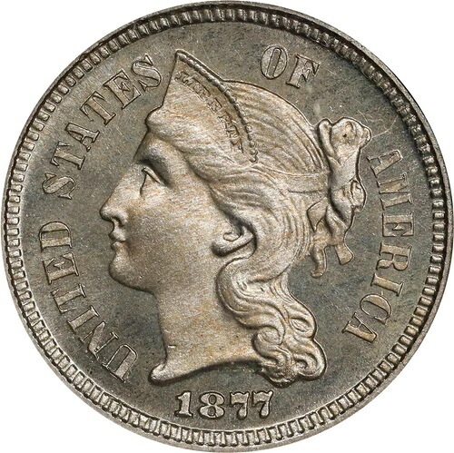 1877年 3セント硬貨 - 銅ニッケル 3CN NGC PR66 (CAC)、(OH)