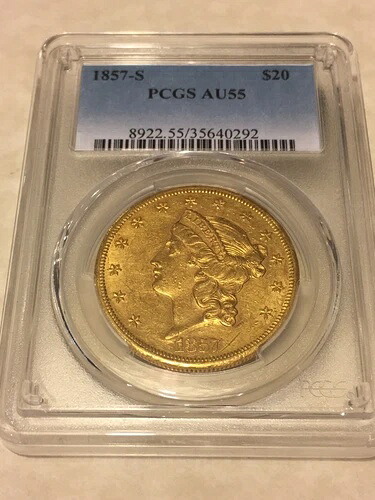 1857年-S AU55 PCGS リバティ ダブルイーグル タイプ 1 $20 ゴールドコイン PQ ナイス 光沢のあるコイン-